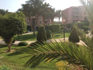 un parque con árboles y arbustos y un edificio en Families Only - Rehab - 4th Stage - Ground Floor with Garden en El Cairo