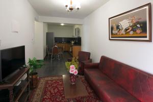 sala de estar con sofá rojo y TV en Lobos Rustic House II, en Câmara de Lobos