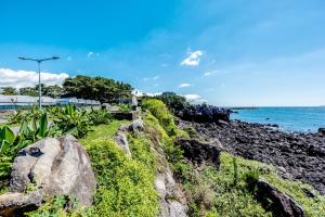 西歸浦的住宿－濟州奧魯姆度假屋，一片岩石海滩和大海的背景