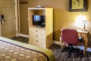 a bedroom with a bed and a desk and a television at Green Gables Motel & Suites in Burney