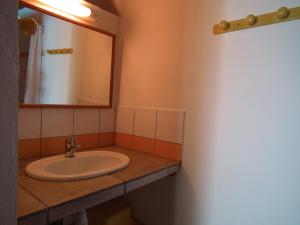 uma casa de banho com um lavatório e um espelho em Le Cardinal des Grands Bleus em Saint-Leu