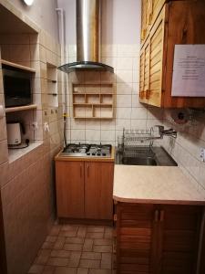 a kitchen with a sink and a stove at Apartament w Centrum in Krynica Zdrój