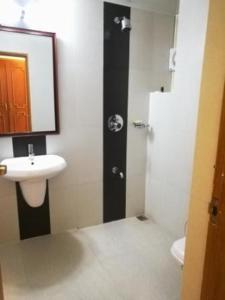 a bathroom with a sink and a mirror at Periyar House in Thekkady