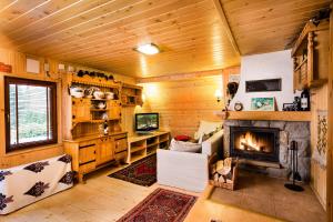a living room with a fireplace in a log cabin at Domki Janosik - Góralski domek z kominkiem, przyjazny zwierzętom, ogrodzony, Łopuszna w Gorcach in Łopuszna