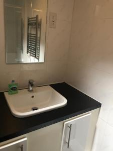 a bathroom with a white sink and a mirror at Modern Apartment in Trendy Dalston in London