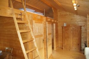 a log cabin with a ladder in a room at Villa Donkey Chalet in Degersheim