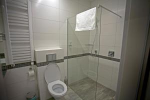 a bathroom with a toilet and a glass shower at Motelik Grosar Gorlice in Gorlice