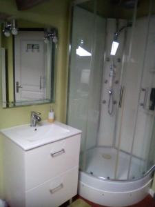 a white bathroom with a shower and a sink at Les Ponts de l'Ornain in Bar-le-Duc