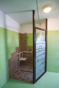 a bathroom with a shower and a glass door at Camere de închiriat Hătuica in Hătuica