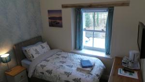 a small bedroom with a bed and a window at Old School B & B in Llandysul