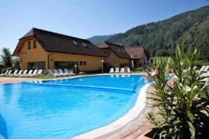 a large swimming pool in front of a house at Camping Bella Austria in Sankt Peter am Kammersberg