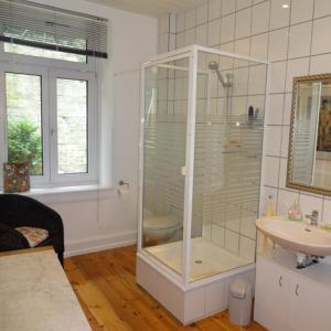 y baño con ducha acristalada y lavamanos. en Ferienwohnung Appolonia, en Neustadt an der Weinstraße