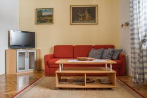 Apartment & rooms Grmek في بوستوينا: غرفة معيشة مع أريكة حمراء وتلفزيون