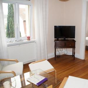 sala de estar con TV y mesa con sillas en Ferienwohnung Appolonia, en Neustadt an der Weinstraße