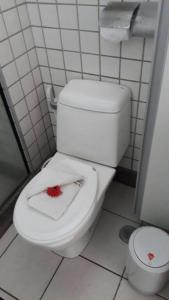 ein Badezimmer mit einem WC mit Blut auf dem Sitz in der Unterkunft Beach Class Slin Muro Alto in Porto De Galinhas