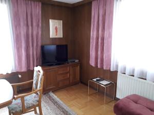 een woonkamer met een televisie op een houten kast bij Gaßmayr in Lienz