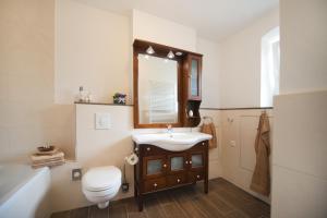 a bathroom with a sink and a toilet and a mirror at Guest house Villa Fritz in Potsdam +32 photos