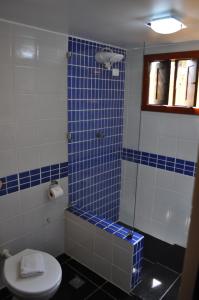 y baño con ducha de azulejos azules y aseo. en Pousada Coco Fresco, en Pipa