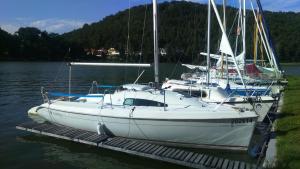 スタレー・スプラヴィにあるRezidence Fami Deluxe Designの水上の桟橋に停泊する白い帆船