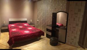 a bedroom with a bed with a dresser and a mirror at Bachos Apartment in Tbilisi City