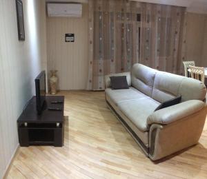 a living room with a couch and a television at Bachos Apartment in Tbilisi City