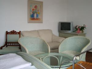 een woonkamer met een bank en stoelen en een tv bij Villa Olivia in Praag