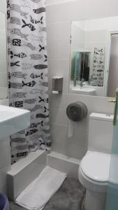 a bathroom with a toilet and a shower curtain at Casa de Huéspedes Almansa in Madrid
