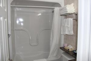 a bathroom with a shower and a toilet and towels at Perth Plaza Inn & Suites in Perth