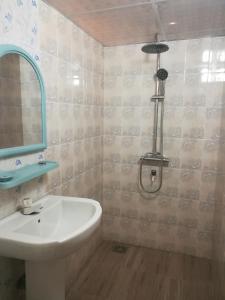 a bathroom with a sink and a shower at The Nilmini Lodge in Sigiriya
