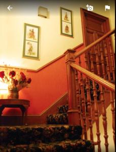 a stairwell with a staircase with a vase of flowers at Denmore Guest House in Aberdeen