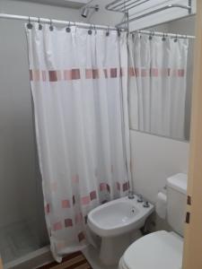 y baño con aseo y cortina de ducha. en AndesApart en Salta