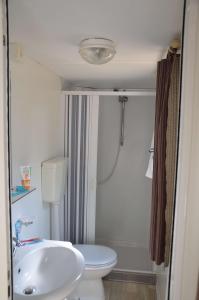 een badkamer met een wit toilet en een wastafel bij Camping Bella Austria in Sankt Peter am Kammersberg