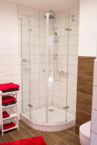 eine Dusche mit Glaskabine im Bad in der Unterkunft Laxhube in Gmünd in Kärnten