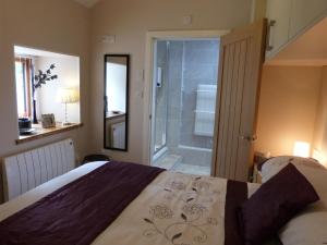 a bedroom with a bed and a walk in shower at Becws Clyd in Trawsfynydd