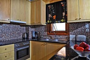 una cocina con fregadero y un bol de fruta en Fotopoulos Apartments, en Xiropigado