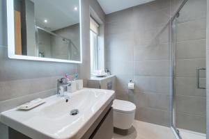 a bathroom with a sink and a toilet and a shower at Dalriada Lodges Downie in Stonehaven
