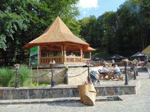um grande gazebo de madeira com pessoas sentadas nele em Turist Suior Baza em Baia-Sprie