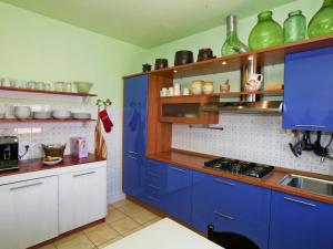 een keuken met blauwe kasten en groene vazen op de planken bij Belvilla by OYO Casa grande in Corvara