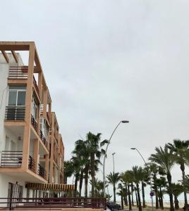 een gebouw met palmbomen ervoor bij Piso en la playa de Sanlucar in Sanlúcar de Barrameda