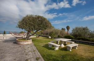 un parco con panchine, un albero e un'amaca di Villa Da Campo a Giardini Naxos