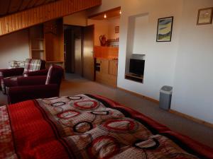 una sala de estar con una manta roja en el suelo en Vila Mirka en Poprad