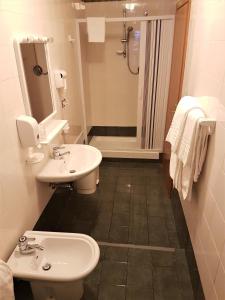 a bathroom with a sink and a toilet and a shower at Hotel del Lago Ampollino in Torre Caprara