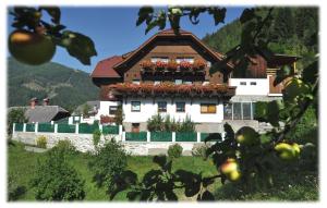 ein Haus mit Blumenkästen darüber in der Unterkunft Landhaus Hinteregger in Bad Kleinkirchheim