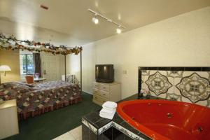 um quarto com uma banheira, uma cama e uma televisão em Days Inn by Wyndham Riverside Tyler Mall em Riverside