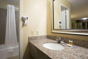 a bathroom with a sink and a mirror and a shower at Days Inn by Wyndham Dallas Irving in Irving