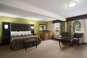 une chambre d'hôtel avec un lit et une chaise dans l'établissement Days Inn by Wyndham Dallas Irving, à Irving 17 autres photos