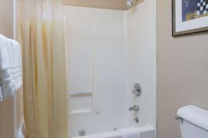 a bathroom with a shower with a shower curtain at Days Inn by Wyndham Pinole Berkeley in Pinole +19 photos