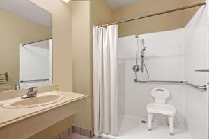 a bathroom with a shower and a sink and a toilet at Days Inn & Suites by Wyndham Houston North - Spring in Westfield