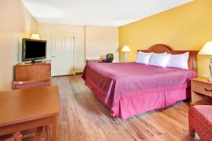 Cette chambre d'hôtel comprend un lit rose et une télévision. dans l'établissement Days Inn by Wyndham Boerne, à Boerne