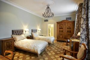 a bedroom with two beds and a chandelier at Hôtel & Spa Le Bouclier D'or in Strasbourg